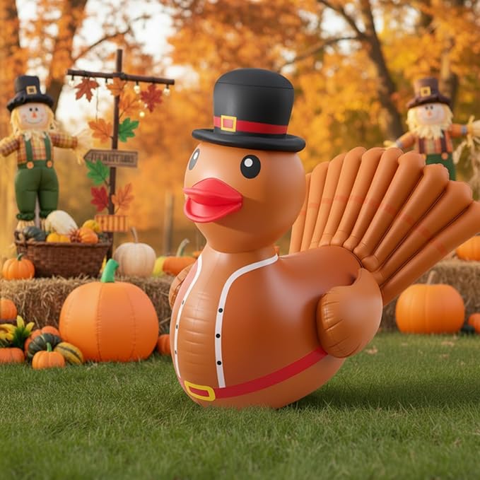 Hungdao 1 Pcs 4 Feet PVC Thanksgiving Inflatables Turkey Duck, Giant Thanksgiving Duck with Turkey Tail, Huge Blow up Rubber Decorations for Outdoor Indoor Lawn Pool Float Yard Fall Party Supplies