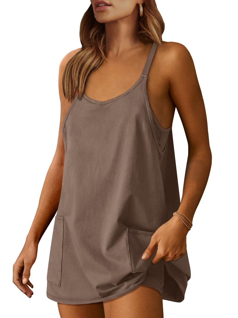 ANRABESS Women Athletic Dress Summer Tennis Workout Active Sports Mini Romper Dress Built in Shorts Travel Vacation Clothes Coffee Small