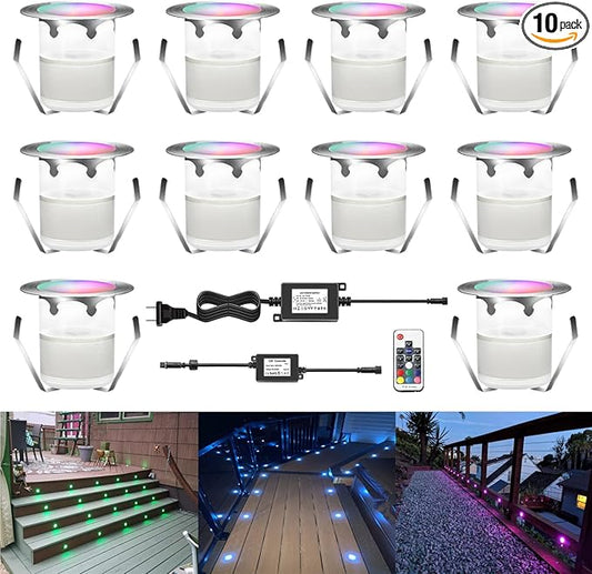 LED Outdoor Deck Lights Kits, RGB Φ1.18in Low Voltage 12V DC IP67 Waterproof, Remote Dimmable Multi Color Change, Electric Wired Recessed Stair Step Riser Landscape Lighting, 10 Pack Silver