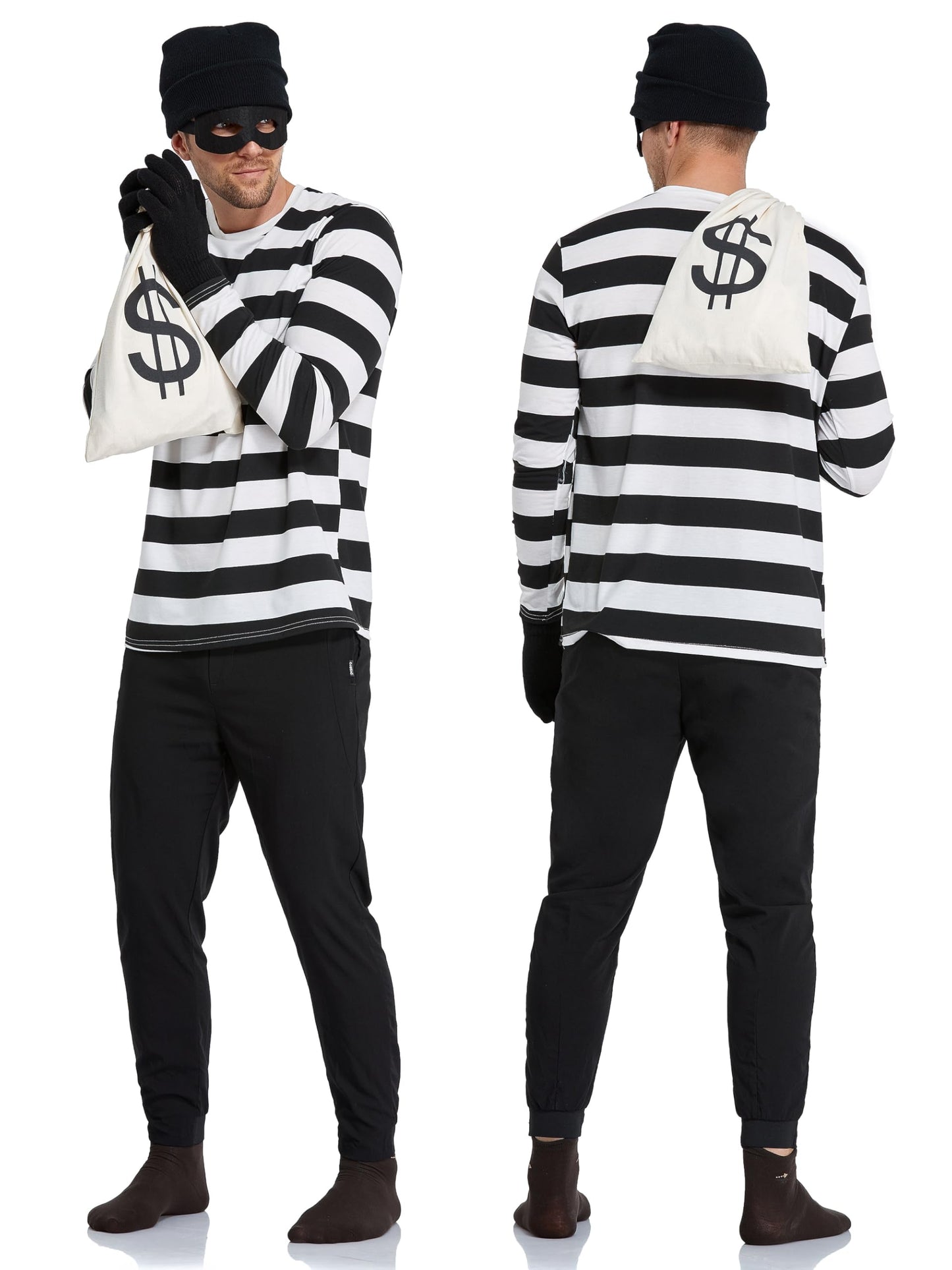 URATOT Halloween Robber Costume Set, Include Striped Long Sleeve T-Shirt Knit Cap Gloves Canvas Bags and Eye Mask