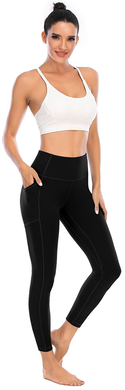 OVRUNS High Waist Gym Leggings for Women Yoga Pants with Pockets Workout Running Compression Leggings for Women - Black - S