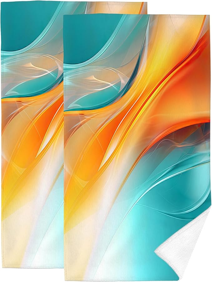 Orange Teal Hand Towels Set of 2 14"x28" Absorbent Turquoise Orange Marble Bath Decorative Towels for Bathroom Home Farmhouse Spa Gym Yoga, Orange Teal Bathroom Decor