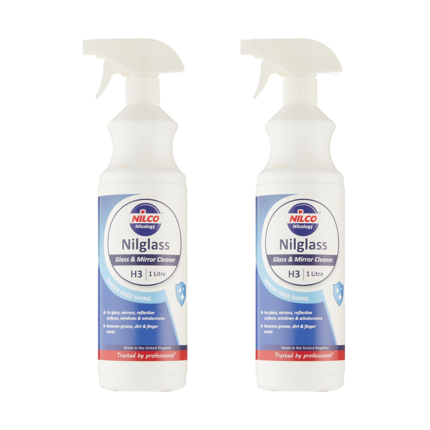 Nilco Set of 2 Nilglass Professional H3 Glass Mirror Cleaner 1 Litre - Trigger Spray Bottle For Cars Homes Window Cleaning No Smears Quick Easy to Use Also Very Good on Chrome - TWO PACK