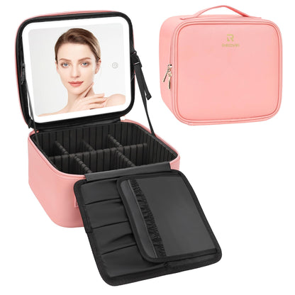 Relavel Travel Makeup Bag With LED Mirror, Cosmetic Train Case with Light up Mirror, Portable Makeup Artist Organizer Bag with Adjustable Dividers, Makeup Brush Holder Storage, Black