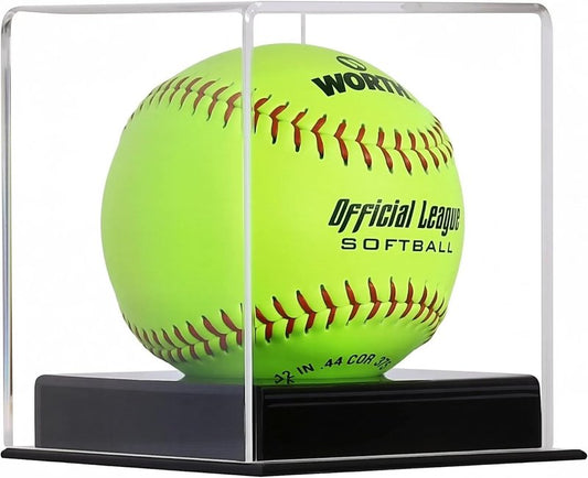 UV Protection Softball Display Case - Clear Cube for 12-Inch Balls | Black Plastic Stand