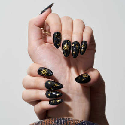 GLAMERMAID Press on Nails Medium Almond, Handmade Gothic Star in Black Gel Glue on Nail, Glossy Short Stiletto Reusable UV Finish Fake Nails Acrylic False Nails Manicure Kits for Women