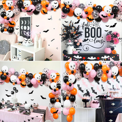 100Pcs Girls Halloween Balloons Arch Garland Kit, Pink Black Orange Halloween Balloons Arch Skull Balloons Bats Stickers for Halloween Theme Baby Shower Birthday Halloween Spooky Party Decorations