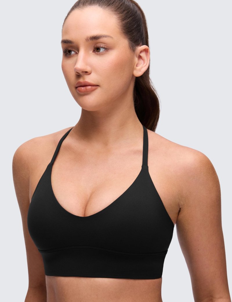 CRZ YOGA Butterluxe Thin Straps Cross Back Longline Sports Bras for Women - Padded V Neck Yoga Crop Top Black Large