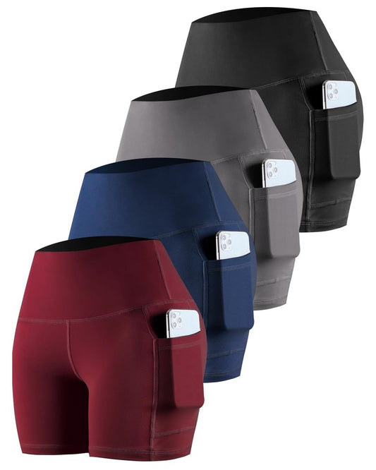CHRLEISURE Womens Biker Yoga Shorts with Pockets: High Waisted Tummy Control Spandex Workout Athletic Gym Shorts 4 Packs(5'' Black,Gray,Navy,Wine, L)