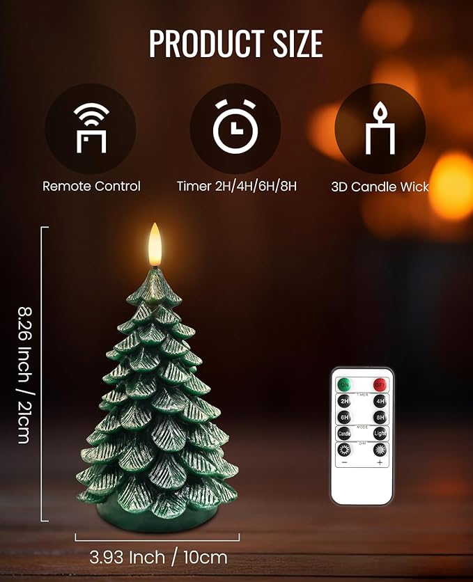 YAUNGEL Christmas Tree Flameless Candles,10-Key Remote and Timer, Real Wax Battery Operated 3D Wick LED Flickering Candles Realistic Christmas Tree for Christmas Holiday Indoor Dinner Decor, 2 Packs