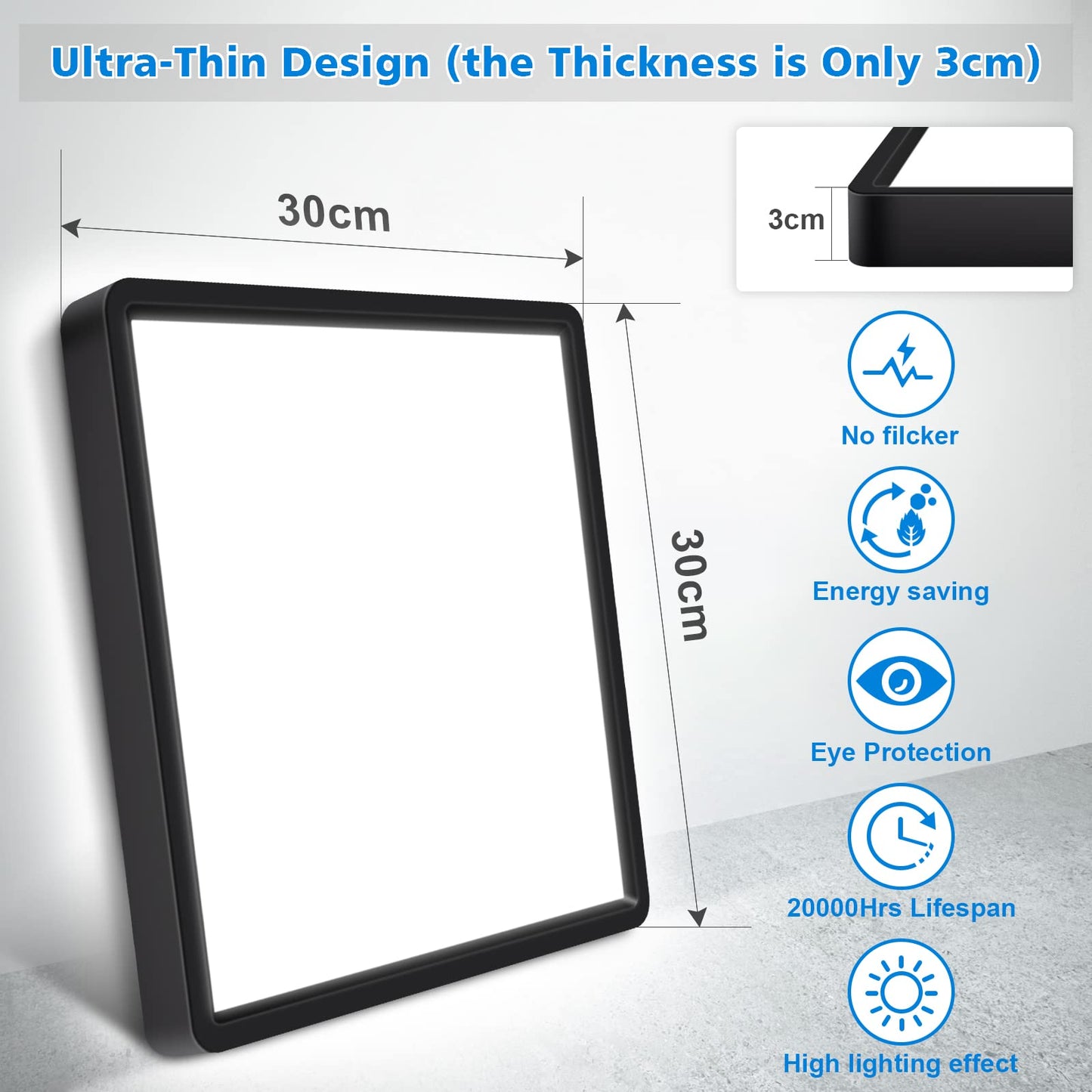 Defurhome LED Ceiling Light,24W 2200LM,150W Equivalent,5000K Daylight White,Waterproof IP54,Flush Square Modern Ceiling Light for Bathroom,Bedroom,Kitchen,Porch,Living Room,30cm(Black)