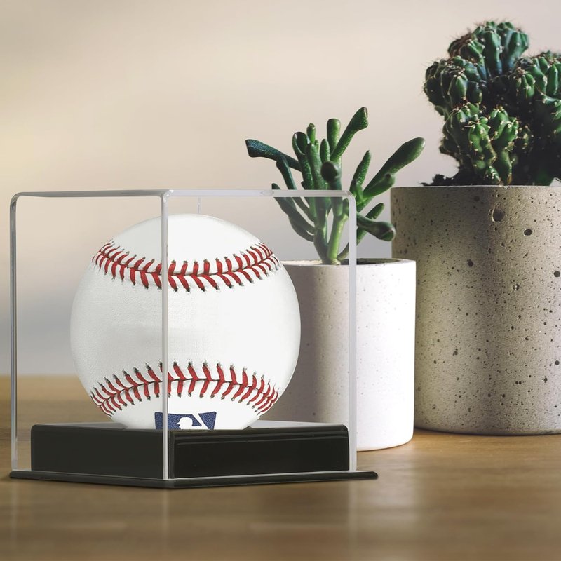UV Protection Softball Display Case - Clear Cube for 12-Inch Balls | Black Plastic Stand