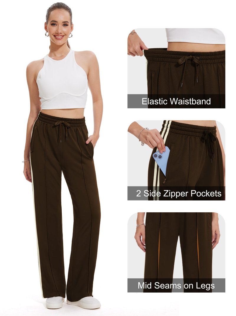 Tapata Tall Womens 34" Inseam Track Pants Relaxed Fit Striped Workout Sweatpants Baggy Trousers with Zipper Pockets, Brown, XXL