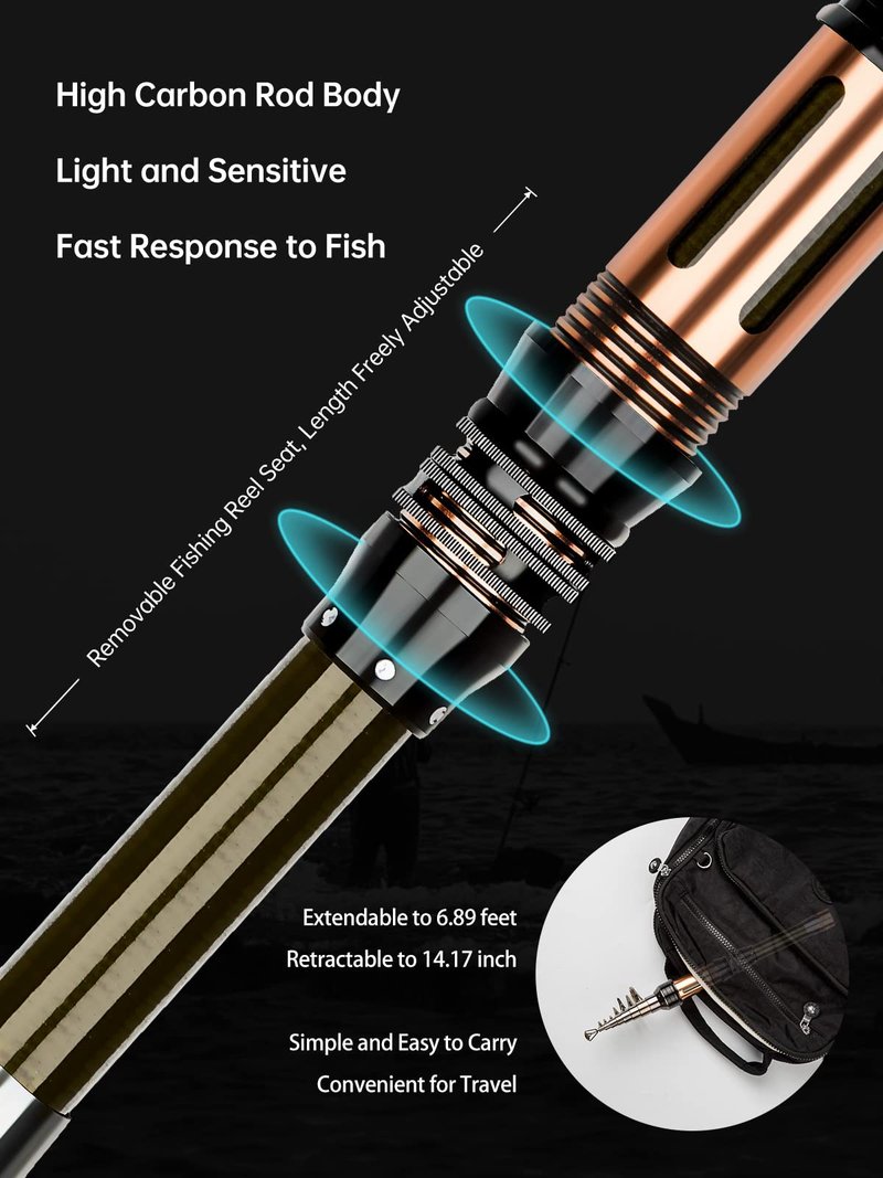 Fishing Pole Kit 6.89ft Carbon Fiber Telescopic Fishing Rod and Reel Combo with Spinning Reel Tackle Box Lures Hooks Line Bag Fishing Pole Combo Set for Beginner Adult Saltwater Freshwater