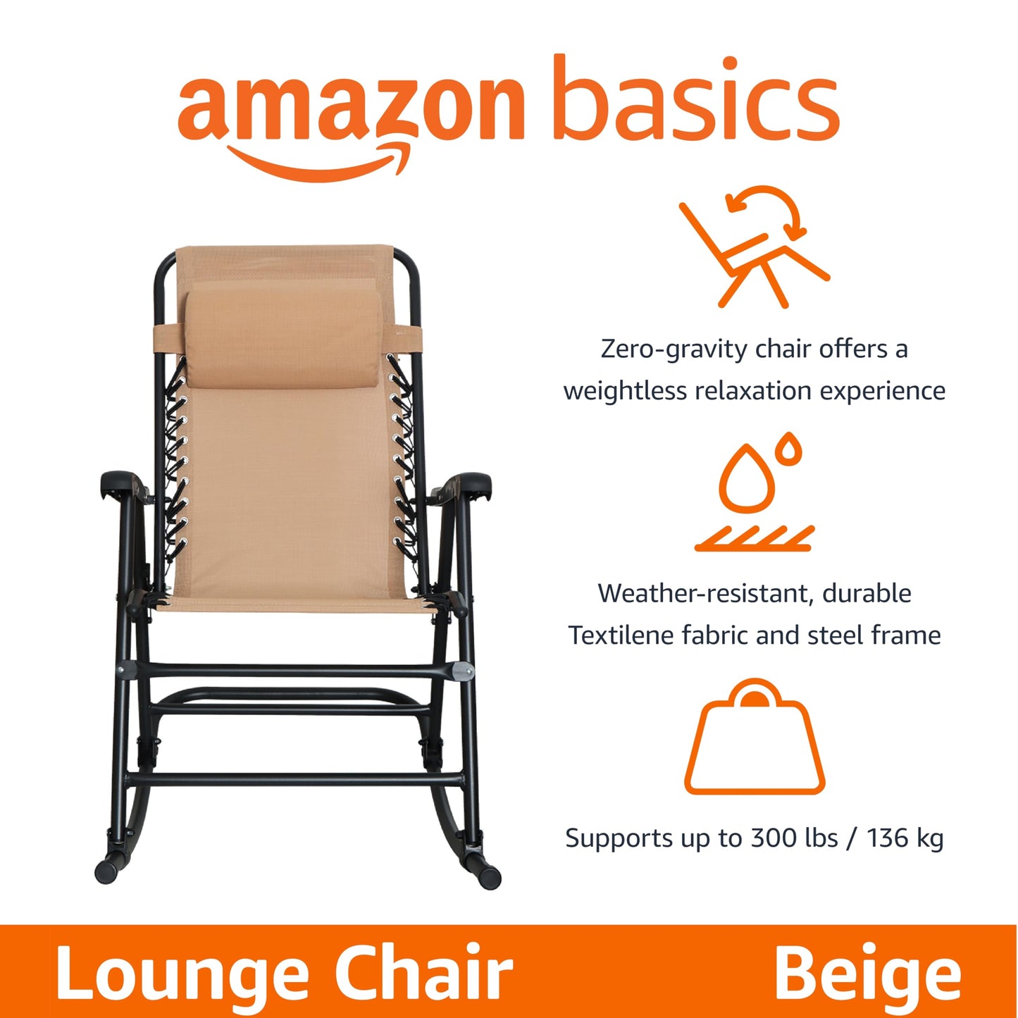 Amazon Basics Outdoor Patio Folding Reclining Lounge Rocking Chair with Pillow, Affordable Folding Chairs for Outside, Beige, 33.6 x 37.4 x 26 inch