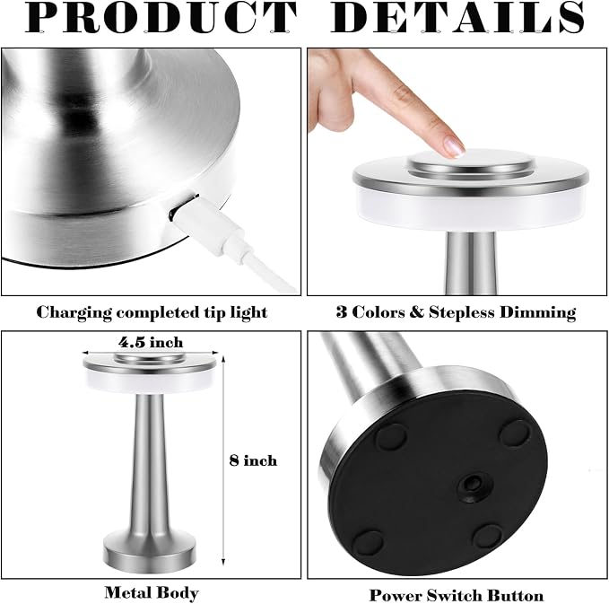 Riakrum Set of 2 LED Portable Cordless Table Lamp with Touch Sensor 3 Color Stepless Dimming Rechargeable Battery up to 15 Hours Cordless Table Light Wireless Lamp for Nursery(Silver,4 Pcs)