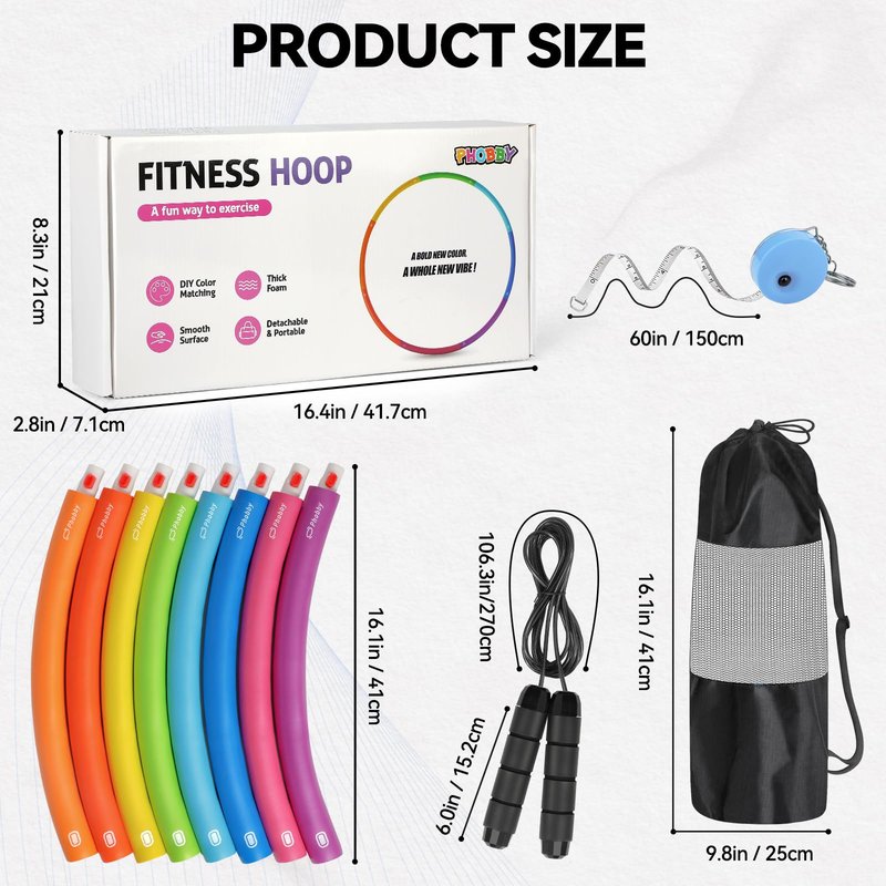 Phobby Weighted Exercise Hoop for Adults, 2.2lbs Adjustable Fitness Hoop, 8 Detachable Hoop Sections with Jump Rope & Storage Bag, Home Gym Workout