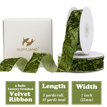 HUIHUANG Moss Green Velvet Ribbon 1 inch x 10 Yards Luxury Crushed Green Velvet Ribbon for Christmas Tree Ornaments, Gift Wrapping, Wreath Decoration, Holiday Decor, Bows, Flower Bouquets