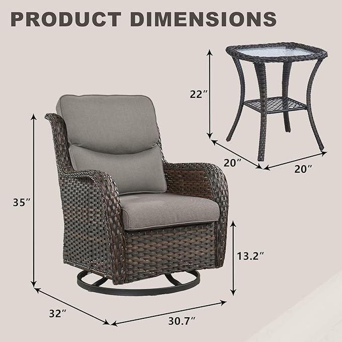 Rilyson Wicker Rocking Chair Swivel Chairs - 3 Piece Rocker Patio Furniture Set Rattan Rocking Bistro Sets with Glass Top Side Table for Outdoor Porch Deck Garden Backyard (Brown/Grey/Smile)