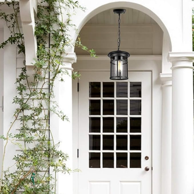 Bestshared Outdoor Pendant Lighting, 1-Light Outdoor Hanging Lantern Light Fixtures for Porch, Farmhouse Style Exterior Porch Lights with Seeded Glass
