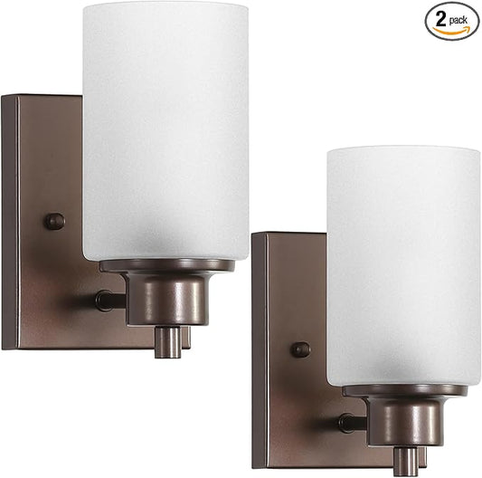 2 Pack Wall Sconces Bathroom Lights, Indoor Bath Vanity Light Fixtures for Living Room Porch Bedside, Oil Rubbed Bronze with White Frosted Glass Shades Wall Mounted Lights, Twin