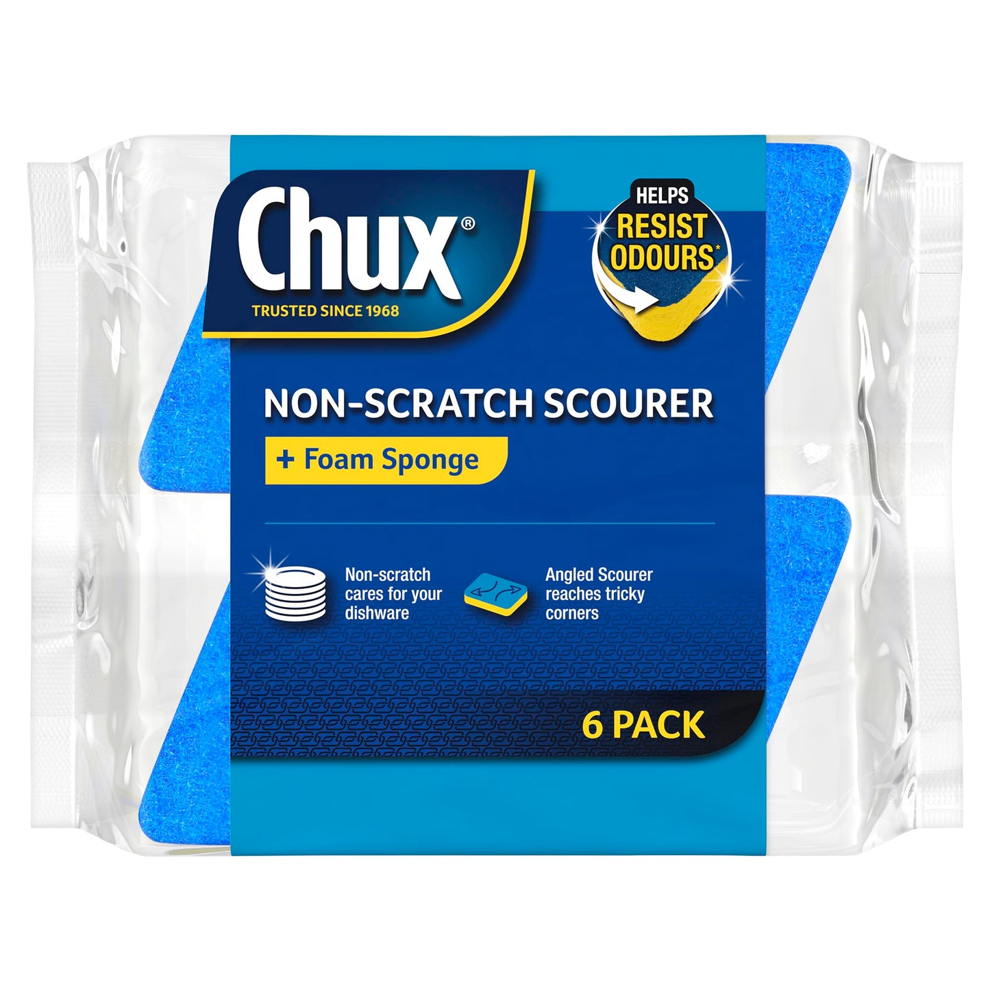 Chux Non Scratch Scourer + Foam Sponge, 6 Angled Scourers Suitable for Delicate Surfaces, 6 Count