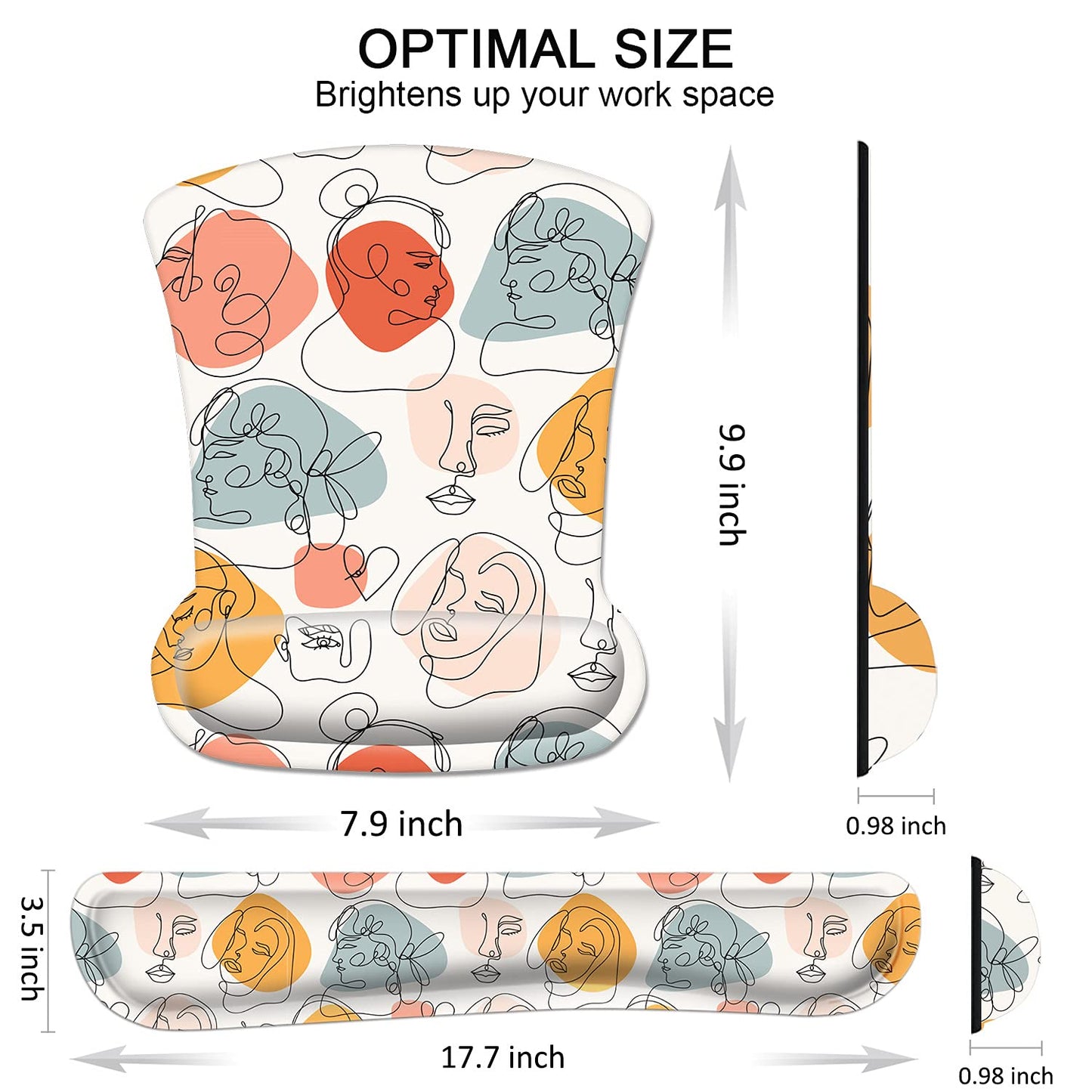 Ergonomic Mouse Pad and Keyboard Wrist Rest, Mouse Pad Wrist Support with Non Slip Rubber Base Mousepad Set + Coaster for Computer, Laptop, Easy Typing & Pain Relief, White Art Face