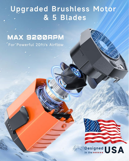 JKBOOM 2025 Smart Portable Rechargeable Fan with LED Light & 25H Runtime, 4-Speed 9200RPM Turbo Cooling Personal Waist Fan, Wearable Neck & Belt Clip for Camping, Outdoor, Hiking - Orange