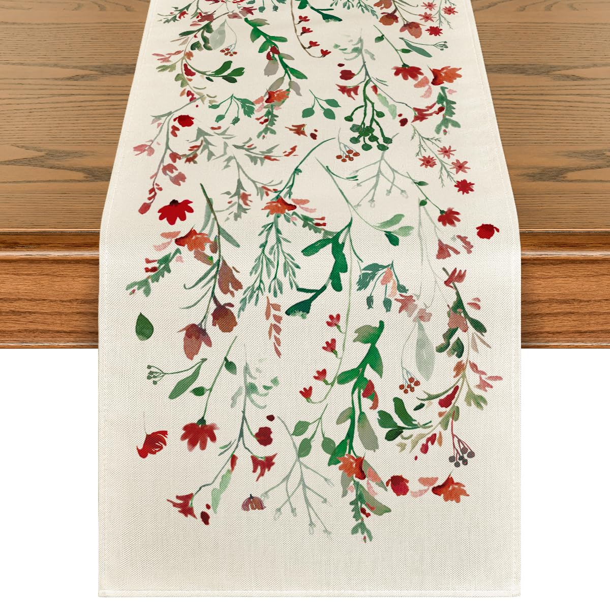 Artoid Mode Floral Leaves Christmas Table Runner, Wild Flowers and Grasses Winter Kitchen Dining Table Decoration for Home Party Decor 13x72 Inch