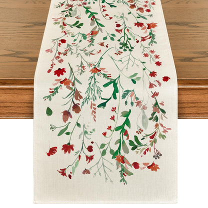 Artoid Mode Floral Leaves Christmas Table Runner, Wild Flowers and Grasses Winter Kitchen Dining Table Decoration for Home Party Decor 13x72 Inch