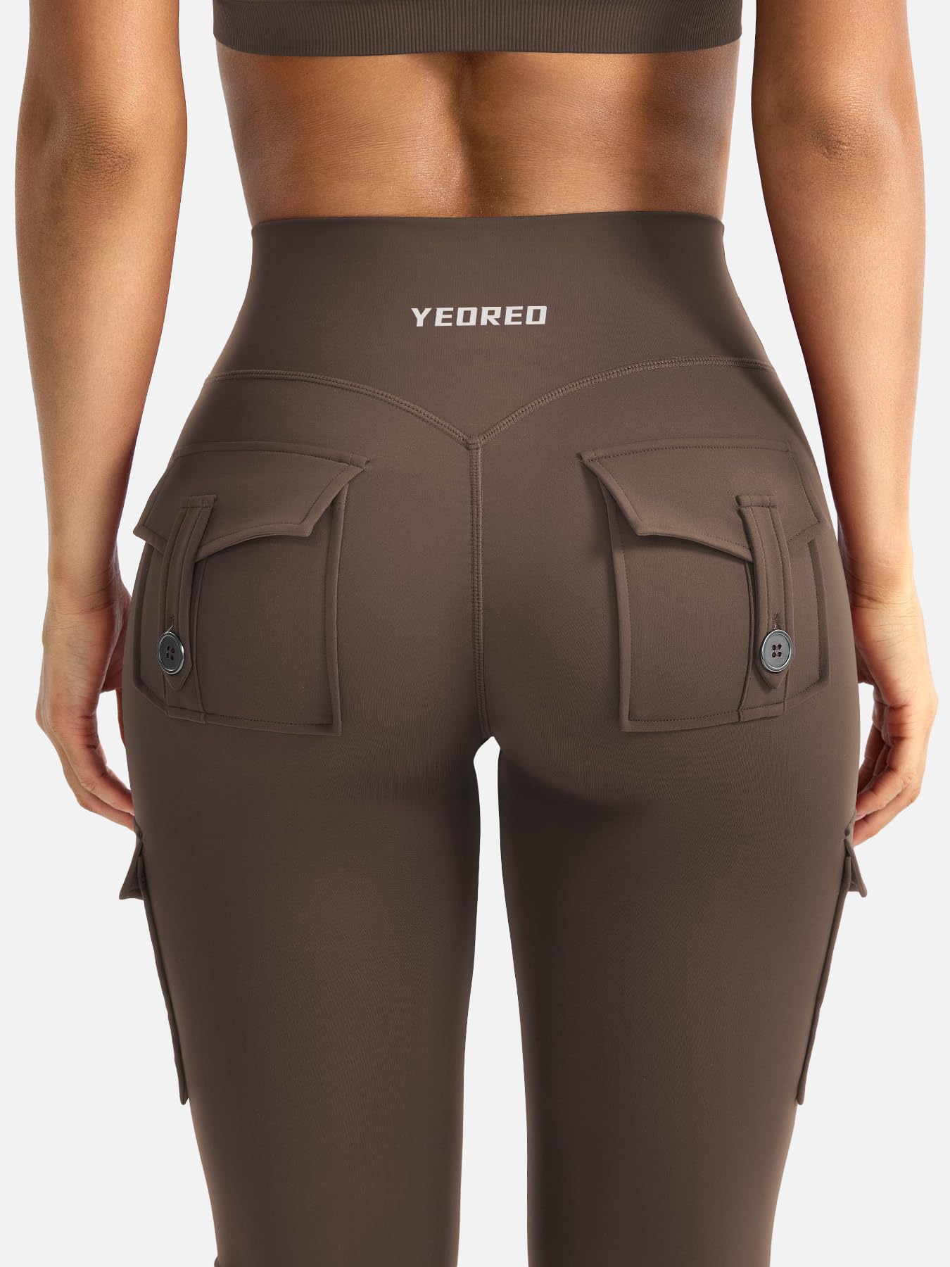 YEOREO CoreFlex Women Workout Flare Leggings with Pockets Hidden Scrunch High Waisted Cargo Gym Yoga Leggings Coffee M