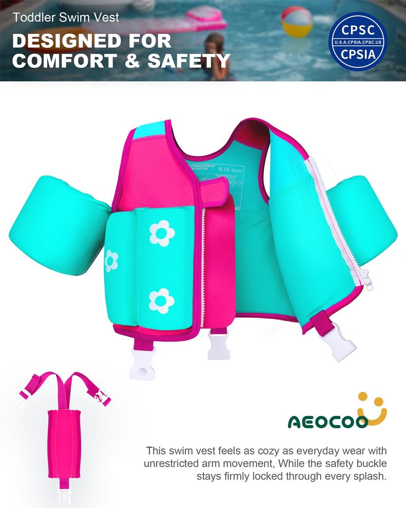 AEOCOO Kids Pool Floaties 1-2-3-5-7-9 Years Old, Toddler Swim Vest 20-30-50-70 Pounds, Comfortable Extended Wear Kids Float Jacket with Crotch Strap, Bright Design and Unpadded Sides, Pink