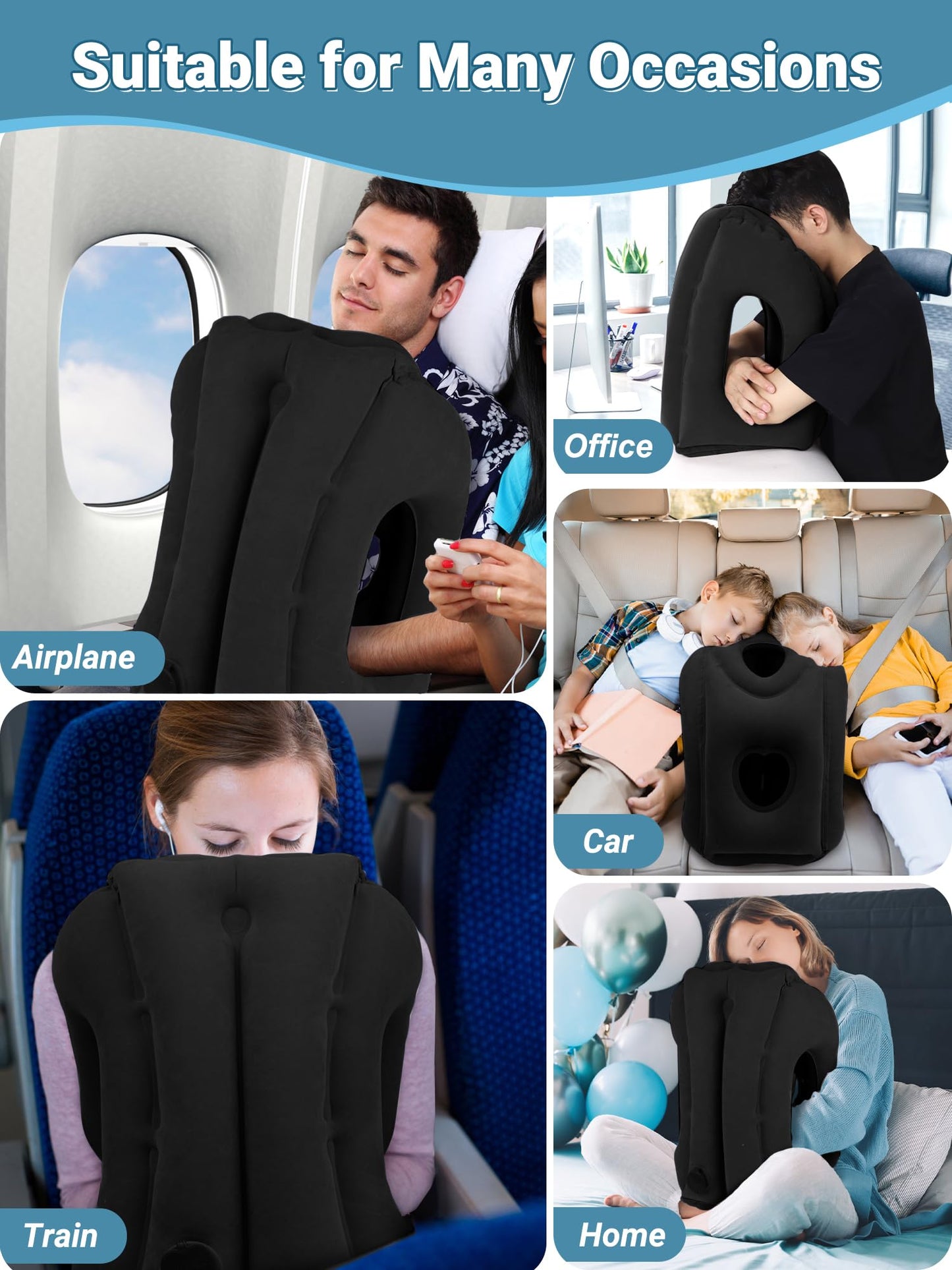 Maliton Inflatable Travel Pillow for Airplane Comfortable Sleeping to Relieve Neck and Shoulder Pain, Support Head Inflatable Pillow for Long Flights, Used for Airplanes, Cars, Trains, Office(Black)