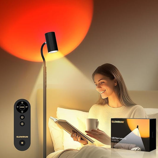 GLOWRIUM LED Floor Reading Lamp, Dual-Side Reading Light with Remote, No Blue Light, No Glare, 5 Color Temperatures, Stepless Dimming, 360° Rotating Gooseneck Lamp, No Flicker, Uniform Illumination