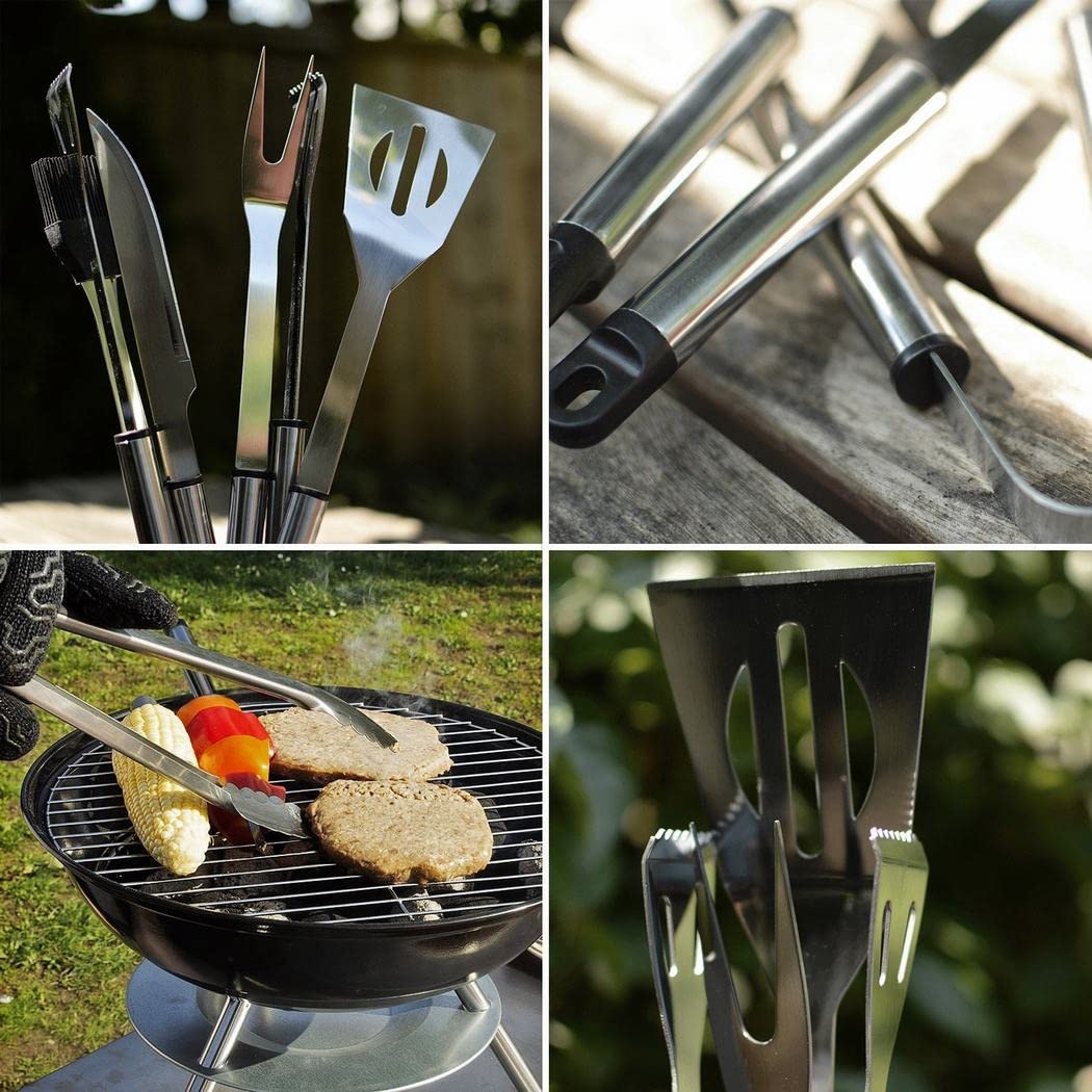 QMQ Utensil BBQ Barbecue Tool Set 5 Pieces Stainless Steel Grill Accessories with Carry Case – Complete Tool Kit with Tongs Spatula Meat Fork and Basting Brush
