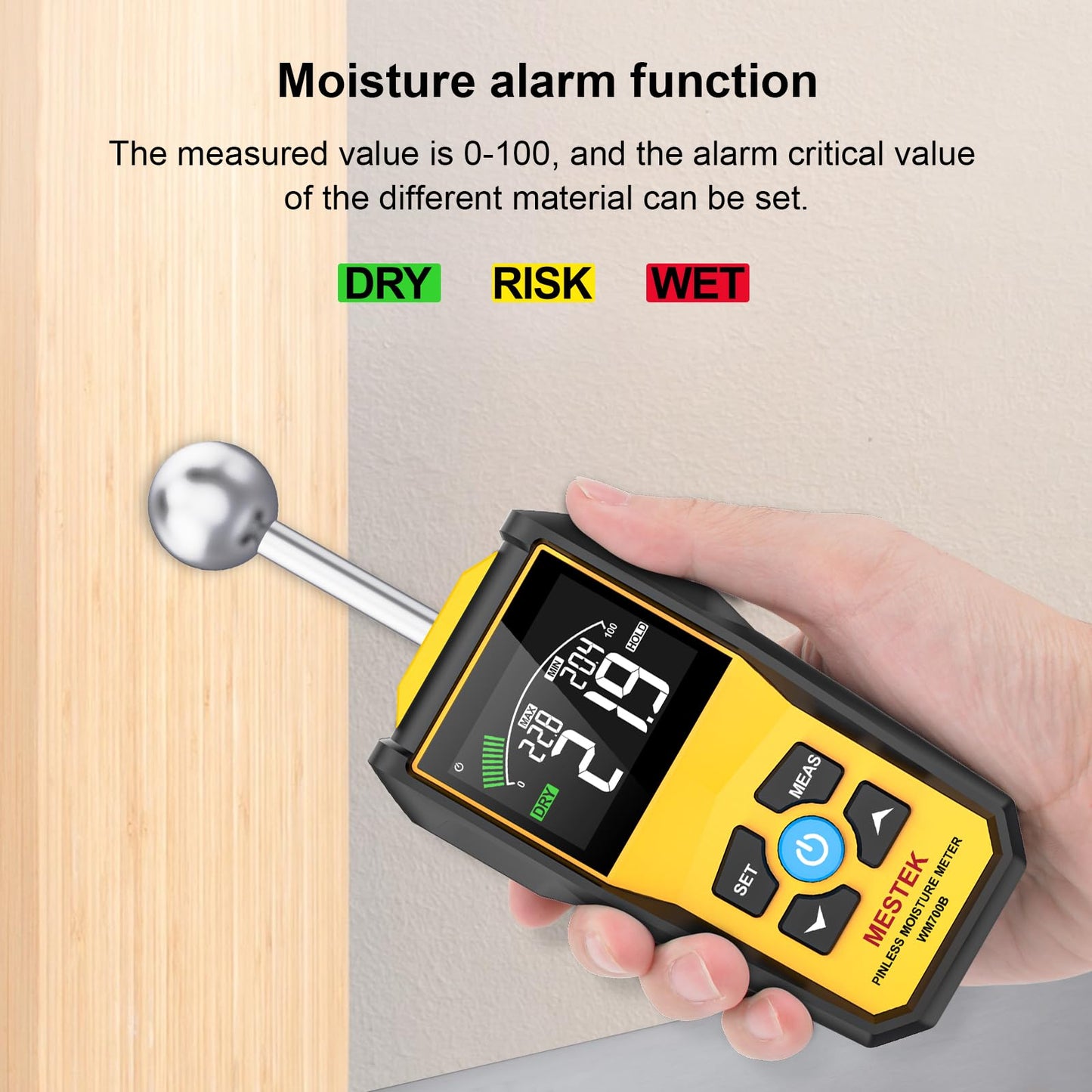 MESTEK Wood Moisture Meter for Non-Destructive Moisture Detection in Drywall, Wood, and Masonry, Moisture Tester with Backlit Color LCD Display & Alarm Function, Detects up to 20-40mm Below Surface