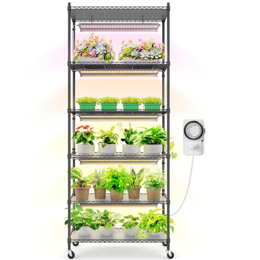 CX2 Plant Stand with Grow Lights for Indoor Plants, 6-Tier Metal Plant Shelf Display Rack with 2FT 150W Full Spectrum Plant Light, 3 Adjustable Spectrum, Timer, for Growing, 29.5x13.8x71IN