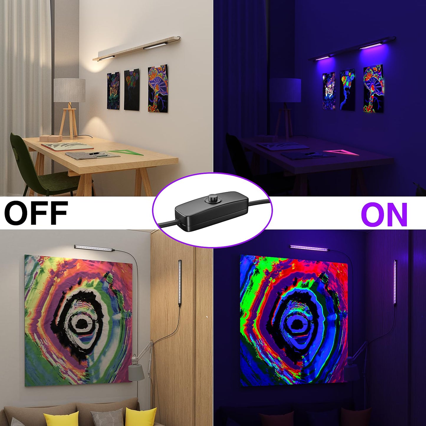 Onforu 2 Pack 10W LED Black Light Bar, 1ft, USB Blacklight Tube, Blacklight Bars with Switch, Black Light for Fluorescent Tapestry Poster, Cabinet, Glow Party, Halloween, Classroom, Body Paint