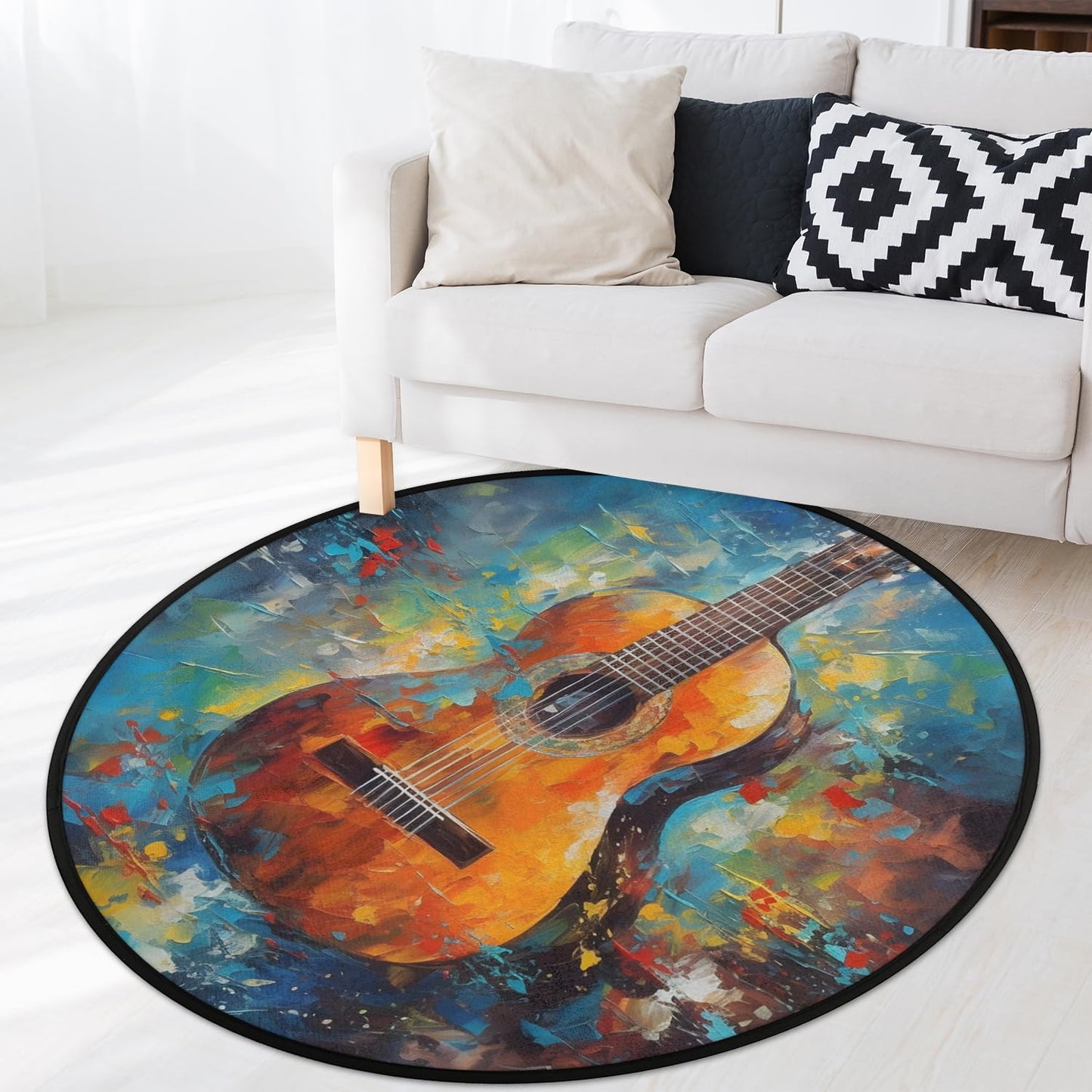 OMFUNS Music Guitar Round Area Rug Bedroom 3 Ft, Oil Painting Circle Floor Mat Non-Slip Washable Accent Throw Rugs Carpet for Living Room Kids Room Nursery Entryway Laundry