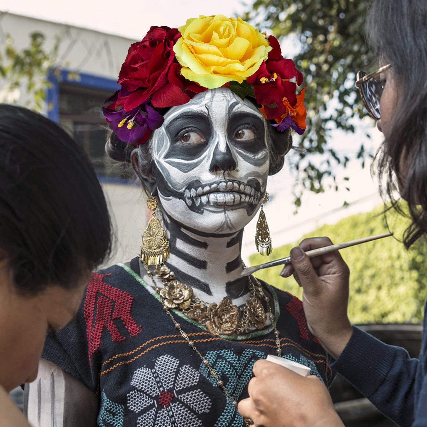 Rose Flower Halloween Headband & Day of the Dead Face Tattoos, Temporary Tattoo Stickers and Mexican Floral Headpiece for Halloween Costumes Party Supplies Cosplay Festival, Day Of the Dead headband