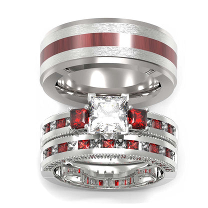 TWO RINGS Wedding Ring Sets His And Hers Promise Ring Couples Bridal Sets Women 925 Sterling Silver Red Ruby Man Titanium Brushed Finished Wedding Band