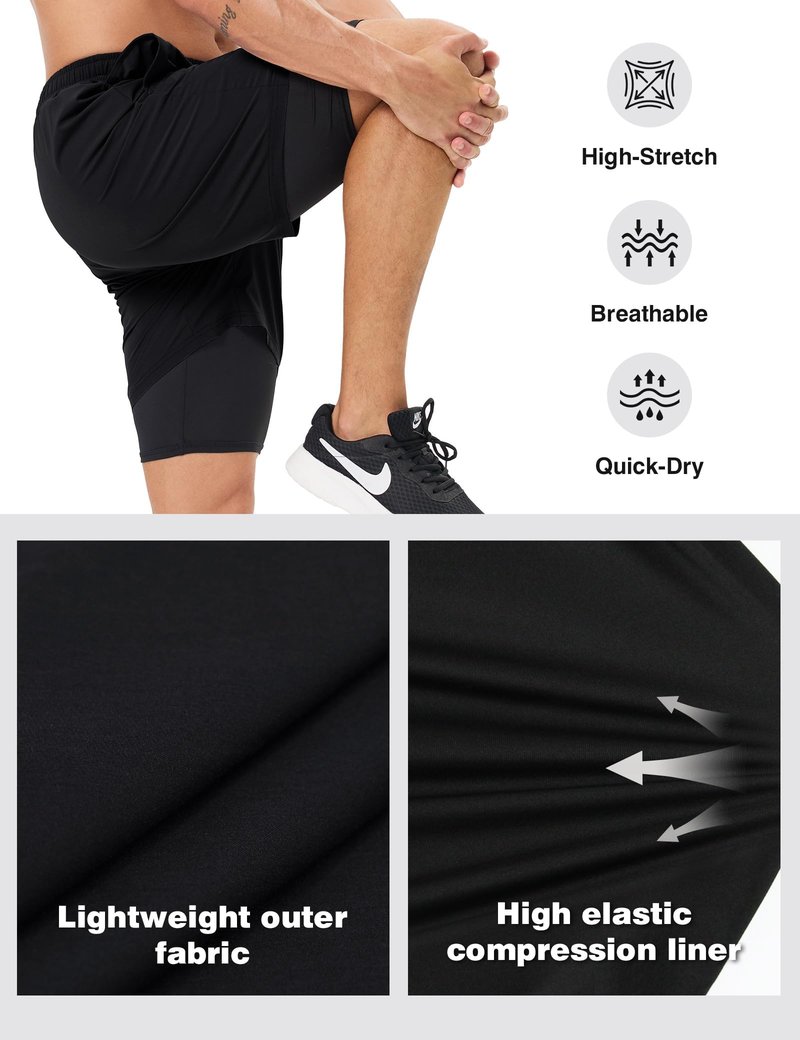 Naarts Men's 2 in 1 Athletic Running Shorts Quick Dry 5 Inch Lightweight Workout Gym Shorts with Liner and Pockets Black,Large