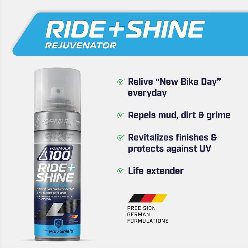 Formula 100 Ride + Shine Bike Finish Protectant and Rejuvenator – For Bicycles, Electric Bikes & eMotos – Protects Against UV Rays, Dirt, Dust & Grime + Repels Water, Mud & Salt