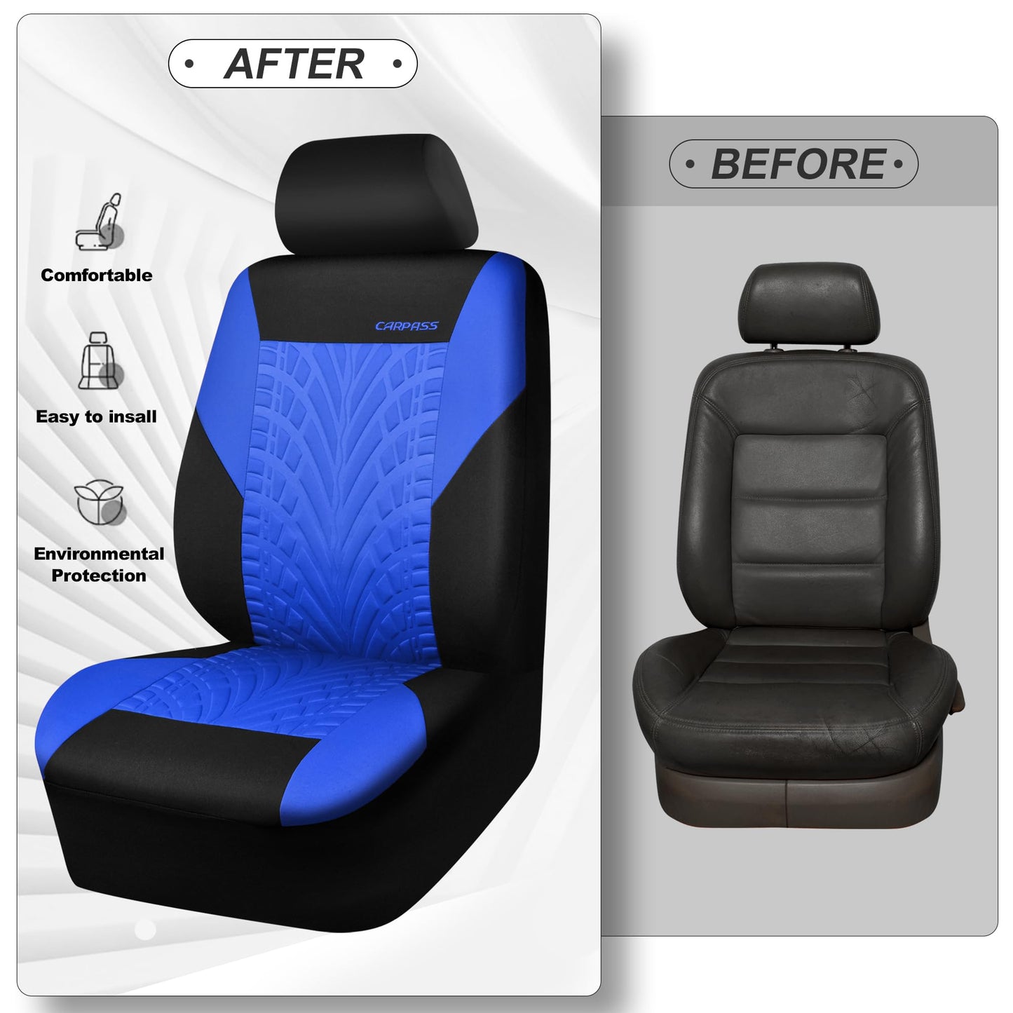 CAR PASS Car Seat Covers Full Sets, Front & Split Rear Bench for Car, 3D Tyre Embossed Automotive Interior Covers, Airbag Compatible, Quick Setup Universal Fit Seat Covers for Car, SUV(Black Blue)
