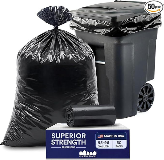 Plasticplace 95-96 Gallon Trash Bags │ 2.0 Mil │ Black Heavy Duty Garbage Can
