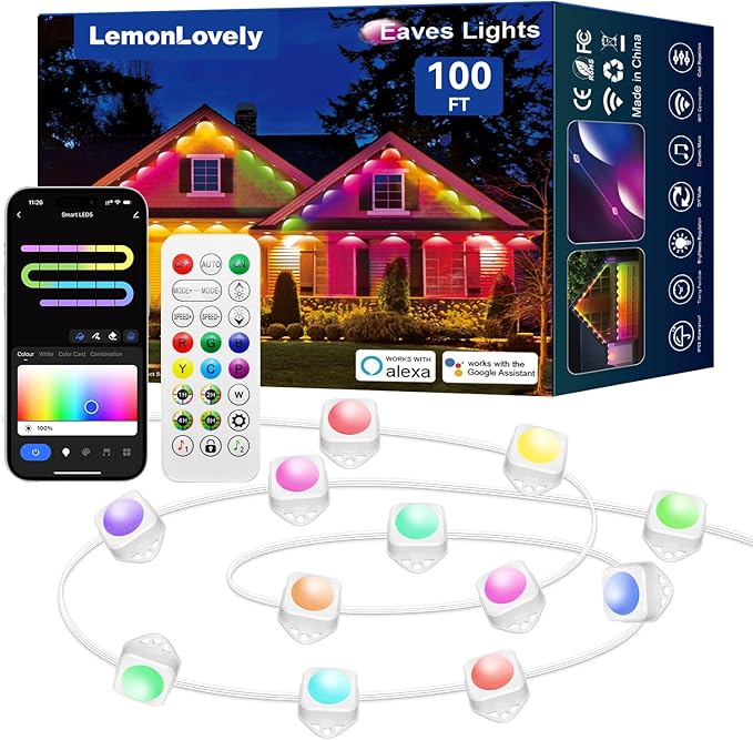 Permanent Outdoor Lights for House, RGB+IC IP67 Waterproof Smart Eave Lights 100ft with 72 LED, Eternity Lighting for Holiday Daily Decor, Work with Remote, APP