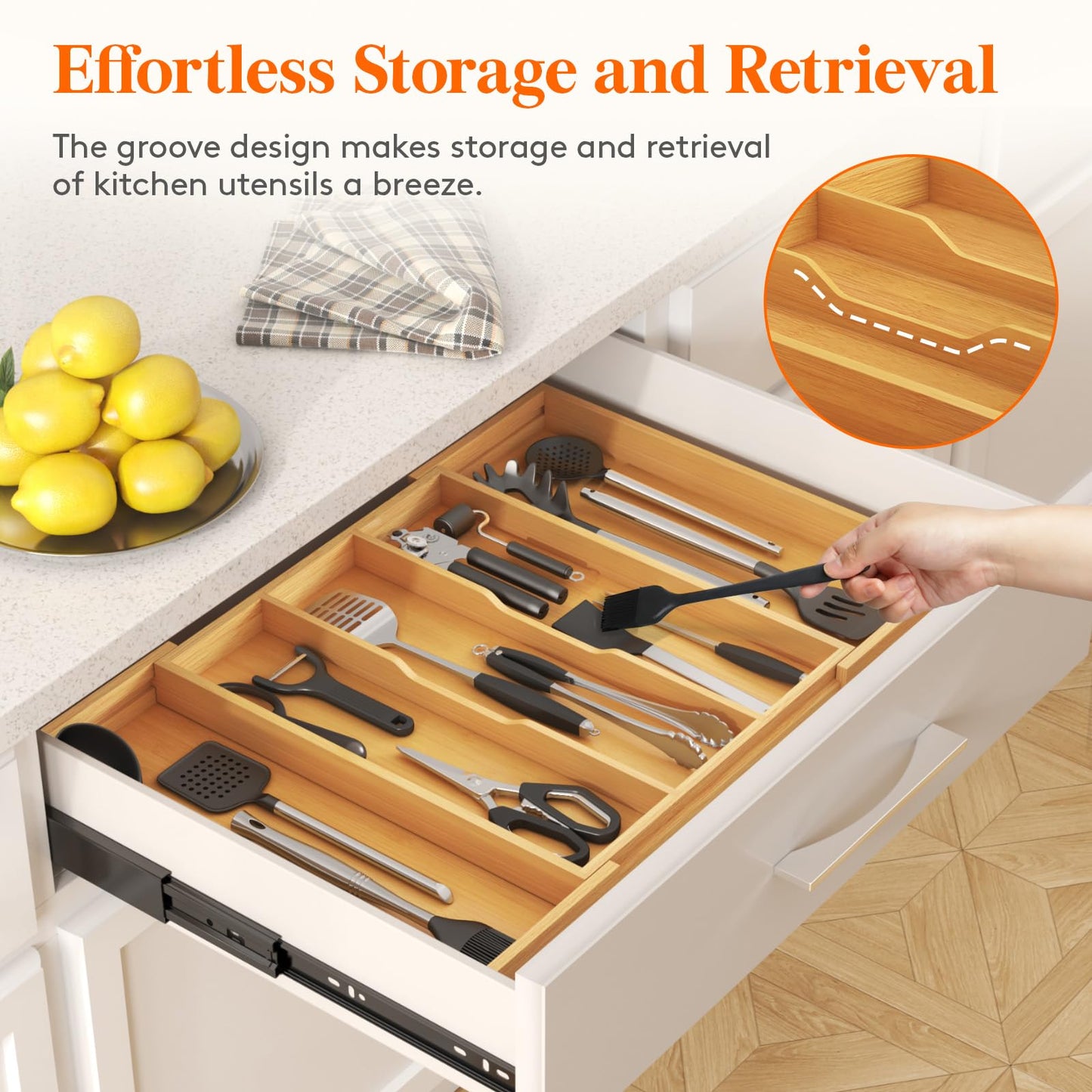 Lifewit Utensil Organizer for Kitchen Drawer, Expandable 13 to 22.4 Inches Wide, Adjustable Cooking Silverware Tray, Bamboo Cutlery Flatware Holder, Spatula Tools and Gadgets Storage Divider, Natural