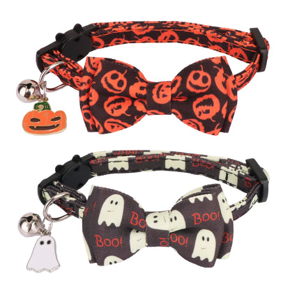 ADOGGYGO Halloween Cat Collar with Bowtie Bell, 2 Pack Halloween Kitten Collar with Removable Bow, Pumpkin Ghost Holiday Collars for Cat Kitten