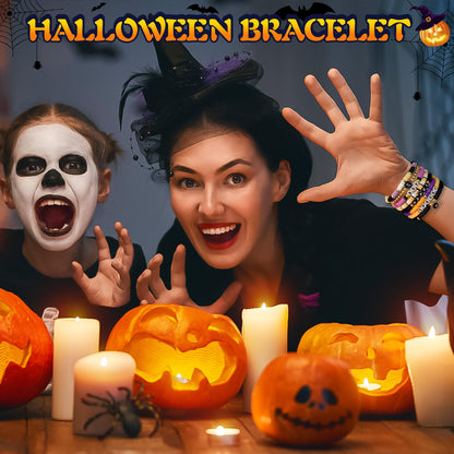 LUYI 48 Pcs Halloween Bracelets for Women Friendship Bracelets Set Colorful Bats Witches Spiders Pumpkins Skulls Beaded Stackable Stretch Clay Bracelets Bulk for Party Jewelry Supplies Holiday Gift