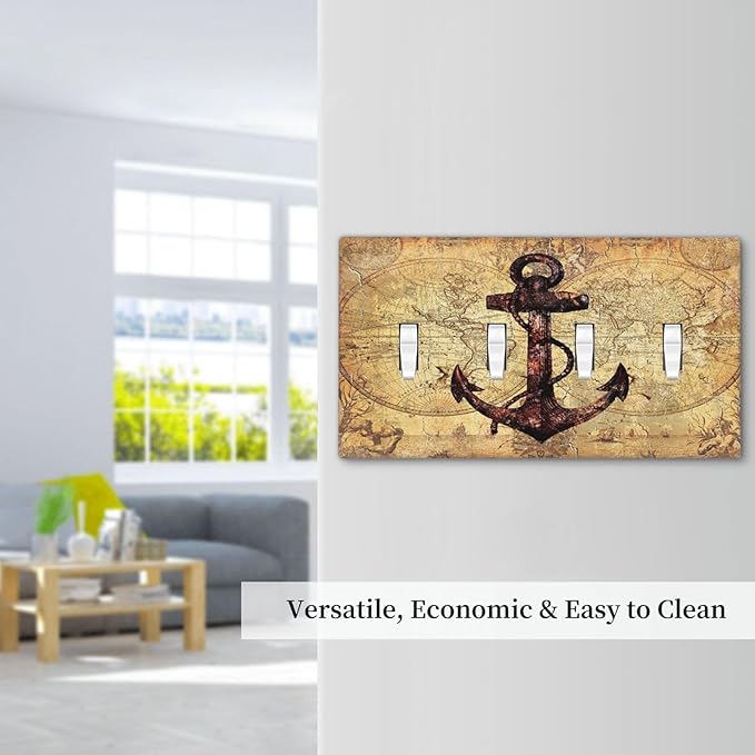 Anchor Nautical Vintage Map 4 Gang Decorative light switch plate Quad Toggle Wall Plate Covers Switchplate Electrical Faceplate for Office Livingroom Home Decor